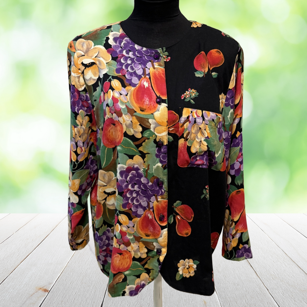 Vintage VENEZIA Fruit Floral Print Top Jewel Buttons Artwear USA Made Size 14/16